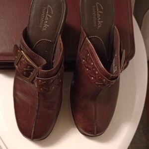 Clarks Dark Brown Leather Clogs with Buckle